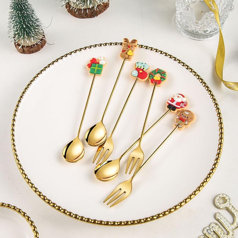 Silverware Flatware Set, 2/8/12/16 Pieces Christmas Series Stainless Steel Spoon Dessert Spoon Cartoon Fruit Spoon Ice Cream Spoon Coffee Spoon(Gold,16 Pieces for 8)