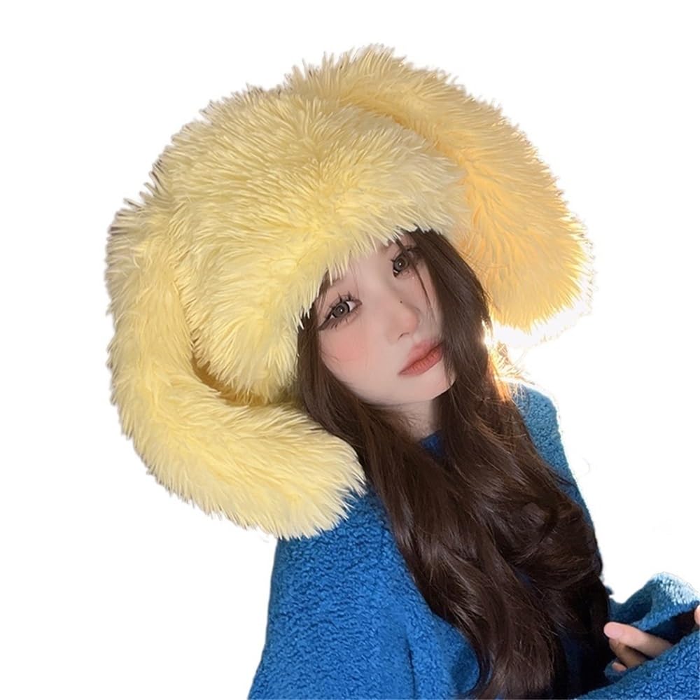 Bonnet oreilles de lapin Y2K en peluche jaune clair pour femme