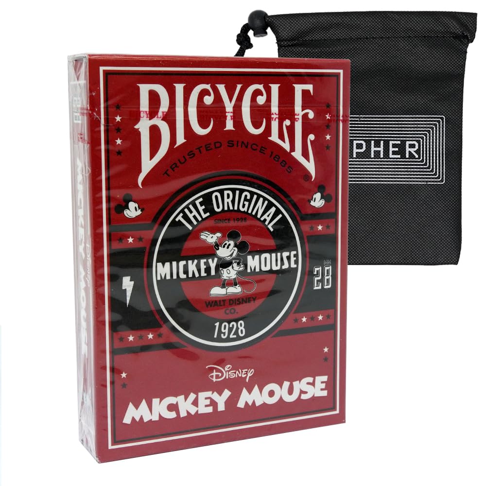 Red Bicycle Disney Mickey Mouse Playing Cards - Custom Poker Sized Deck - Includes Cipher Card Bag