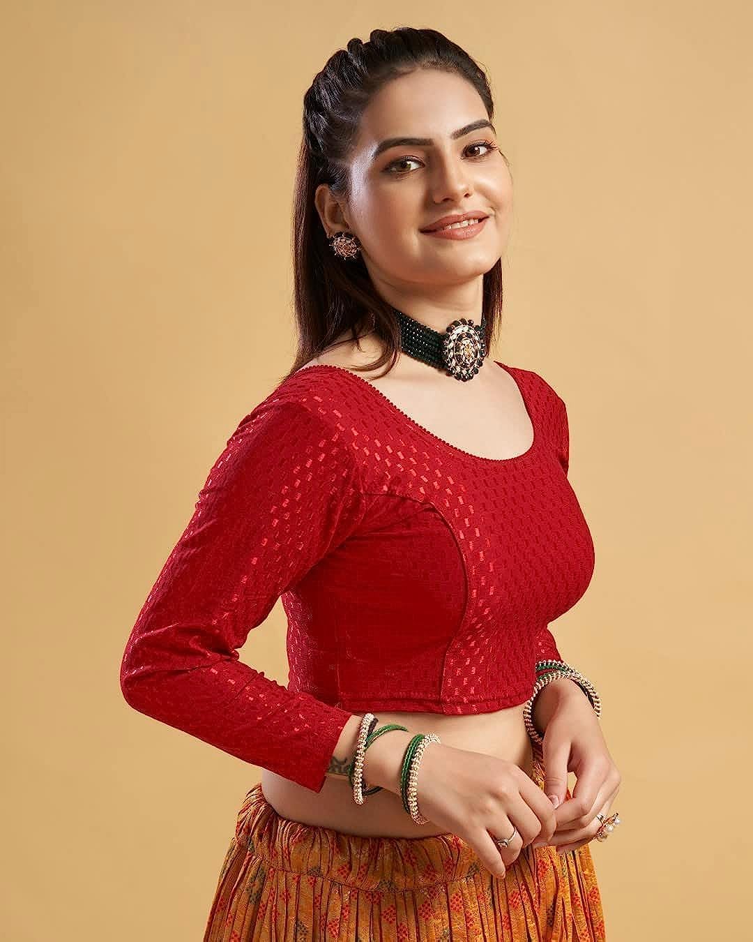 themilestocks TMS Women's Blouses Readymade Gold Stretchable Saree Crop Top Choli Free Size Long Sleeve (Red, Can fit bust size 28""-38"") - Image 2