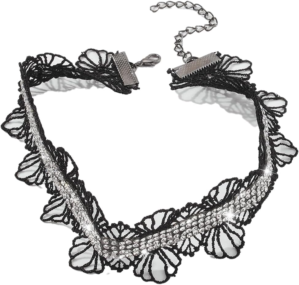JWICOS Black Lace Choker Necklace for Women Gothic Necklace with Rhinestone Choker Tie Cravat Accessories Gifts for Prom Halloween Costume