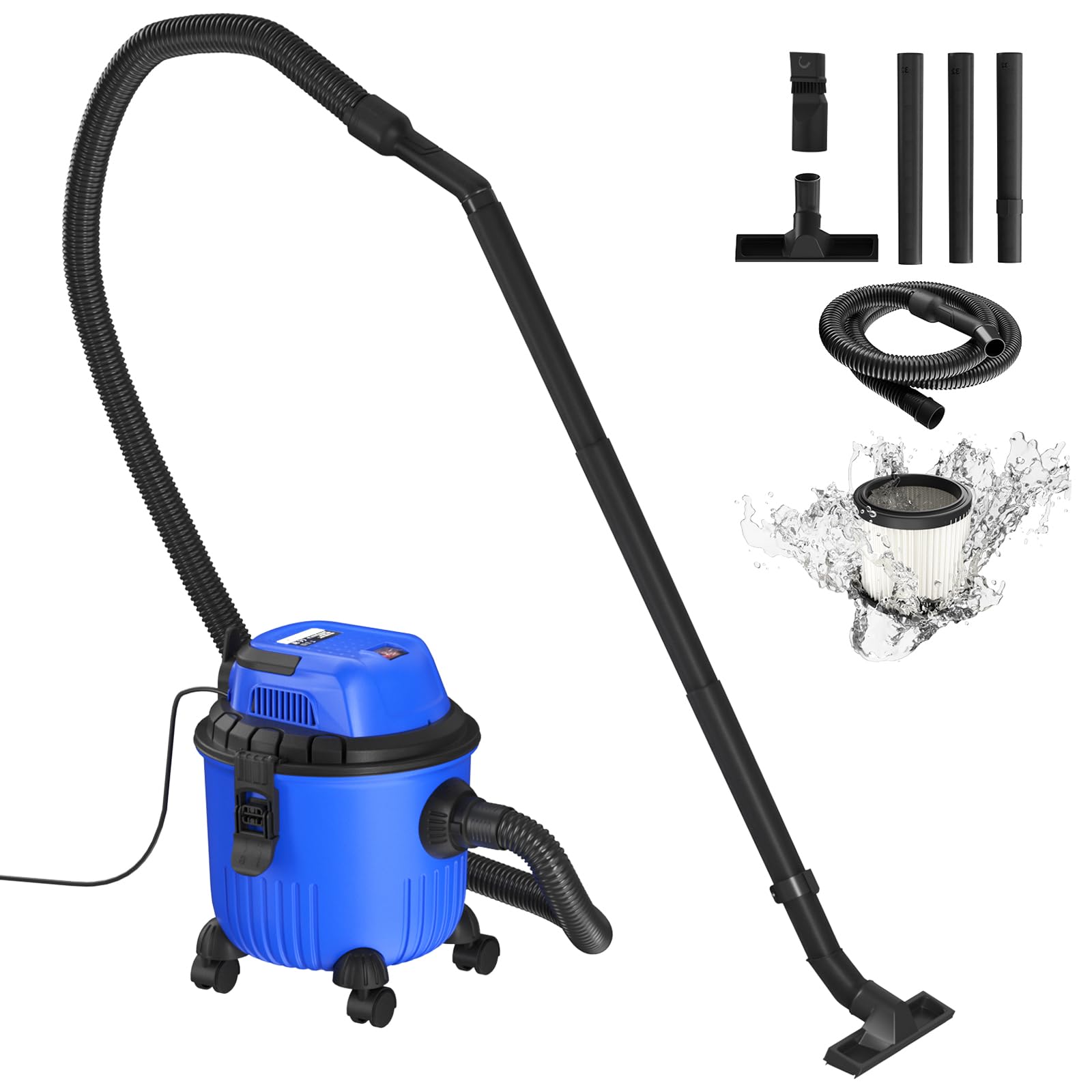 DICN Wet & Dry Vacuum Cleaner 15L Container with Accessories Chip Wood Dust Cleaner with 16KP Suction Force and 1.5M Hose Portable Wet and Dry Vacuum for Car Garage Workshop Home 800W Blue