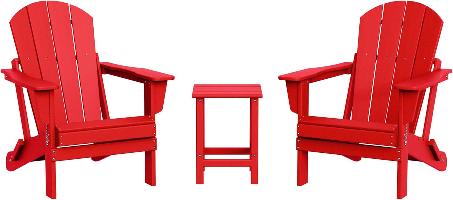 WestinTrends Malibu 3-Pieces Adirondack Chairs Set with Side Table, All Weather Outdoor Seating Plastic Patio Lawn Chair Folding for Outside Porch Deck Backyard, Red
