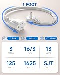 Flat Plug 1Ft Short Extension Cord, White 90-Degree Plug Low Profile Power Adapter, 3-Prong Indoor Grounded Small Extension Cord 16AWG 13A 1625W 2 Pack