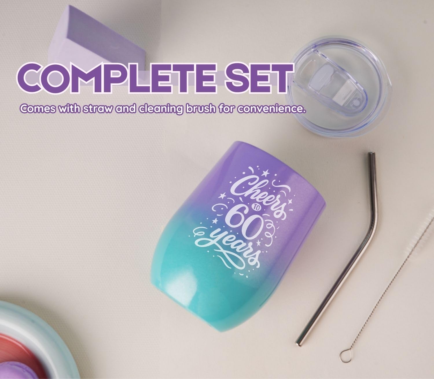 60th Birthday Gifts for Women, Her - Cheers to 60 Years - 12 oz/350 ml Stainless Steel Wine Tumbler with Straw and Lid - Women's Happy 60th Birthday Gifts Ideas - (Green-purple Gradient) - Image 8