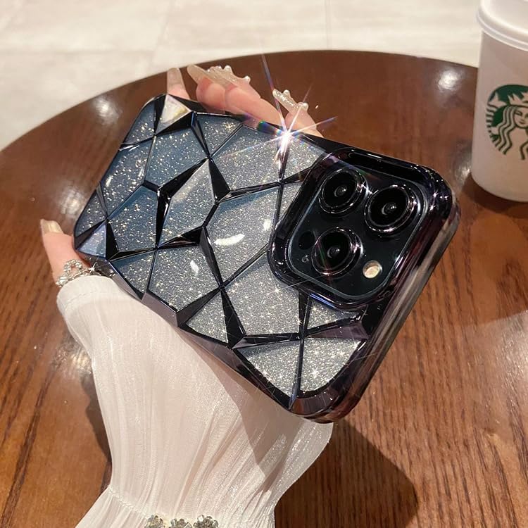 Image of VONZEE Gradient Glitter Case For iPhone 16 Pro Max, Luxury Electroplated 3D Cube, Diamond Bling Shiny Soft TPU Clear Shockproof Case Women Girls Protective Phone Cover (Black)