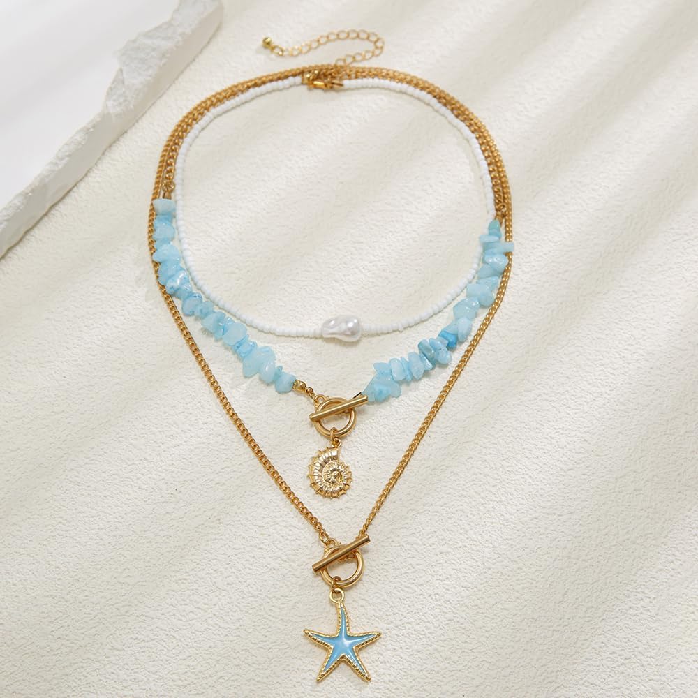Layered Seashell Starfish Necklace for Women,Irregular Baroque Pearl OT Buckle Collarbone Chain,Personality Bohemian Turquoise Jewelry Accessories