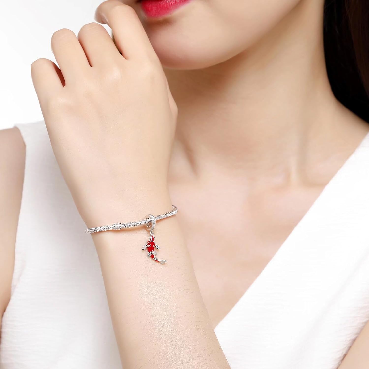 Koi Carp Lucky Red Fish Charm Bead 925 Sterling Silver for Bracelet Necklace Making Jewelry DIY Enamel Inlaid CZ for Women - Image 5