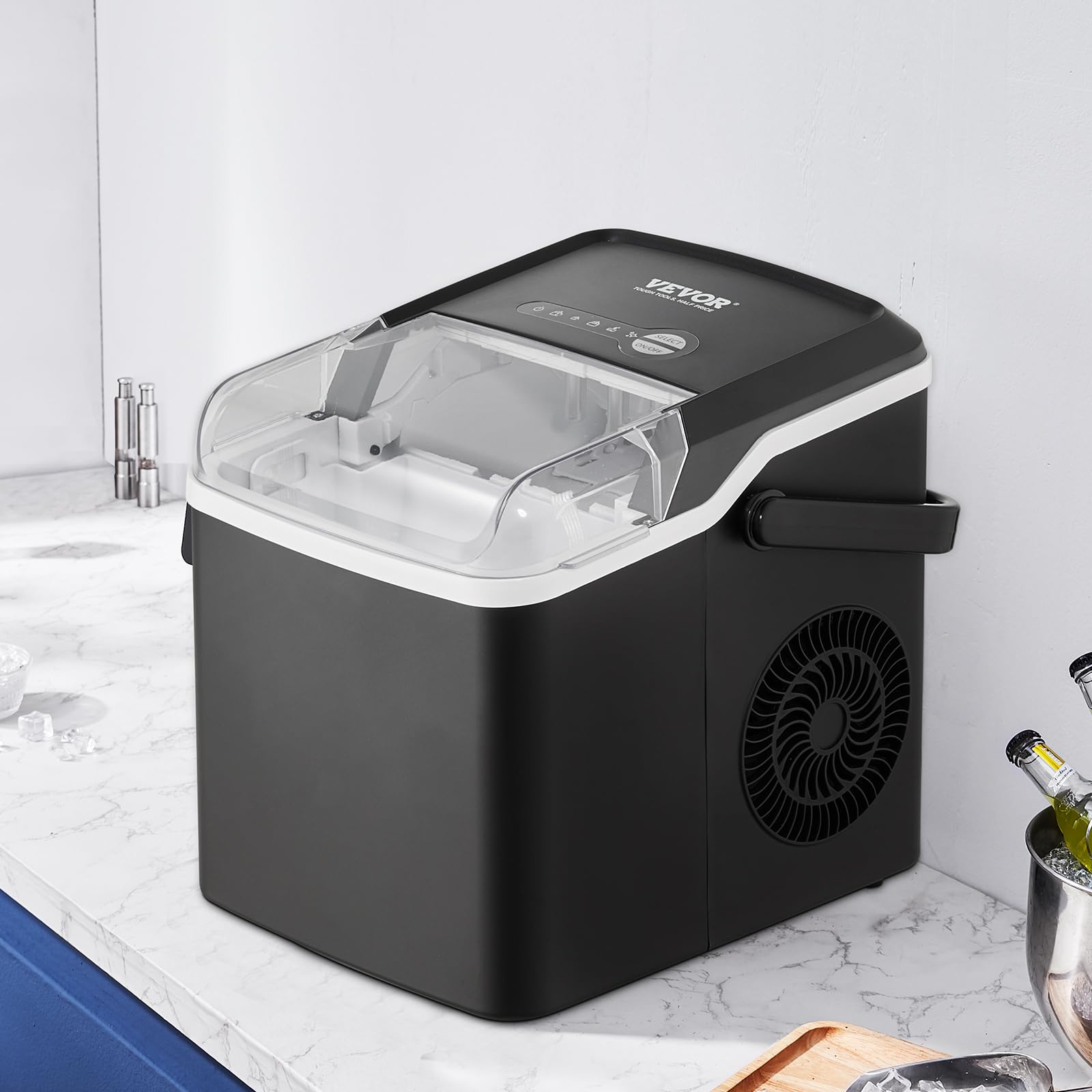 VEVOR Macchina per Ghiaccio da Banco Portatile Compressore 150W Ghiaccio a Forma di Pallottola Produttività 11,79kg/24H ca., Macchinetta di Ghiaccio Portatile Capienza 0,59kg, Macchina per Ghiaccio