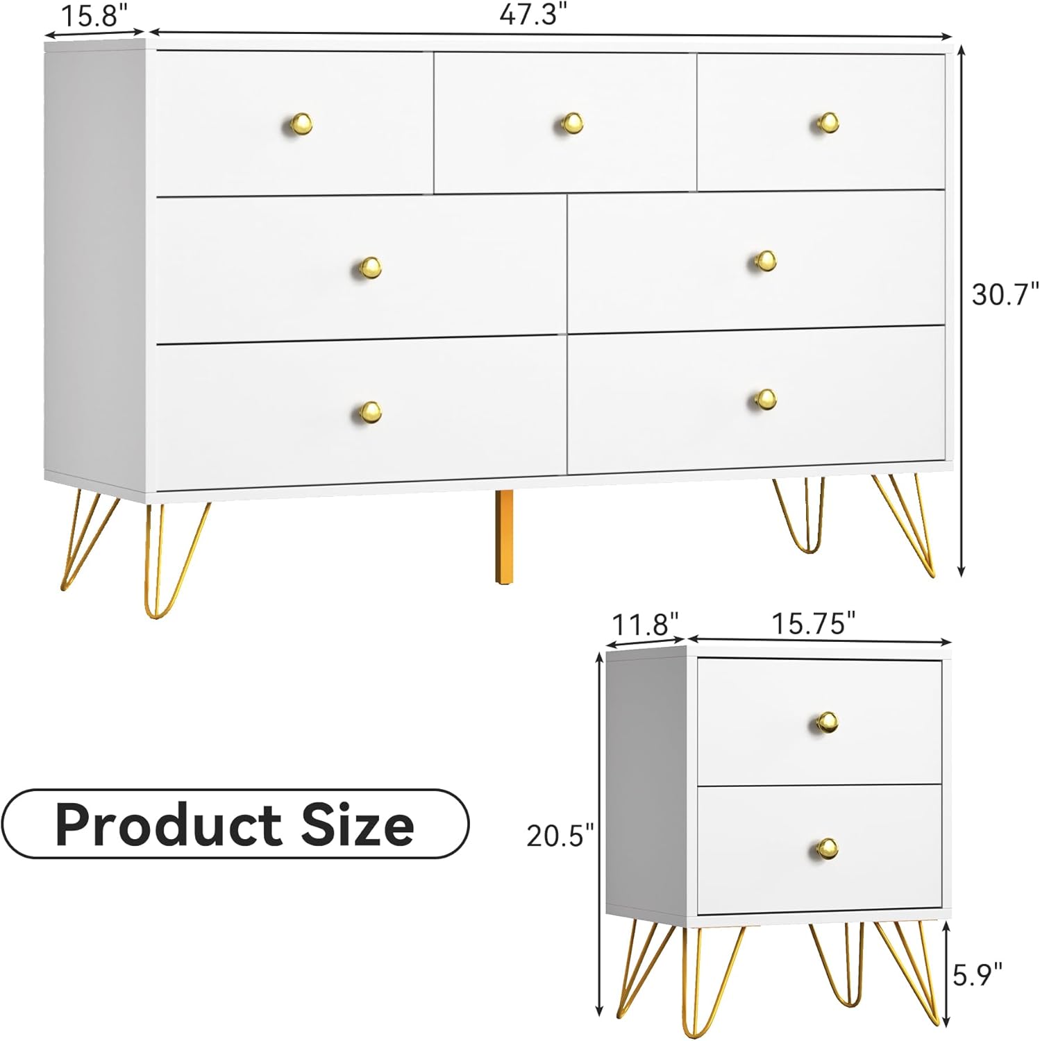 White Dresser and Nightstand Sets for Bedroom,3 Pcs Bedroom Set with Metal Legs, 7 Drawer Dresser & Night Stand Set of 2 with Gold Handles,Bedroom Furniture Sets,Modern Dresser Sets