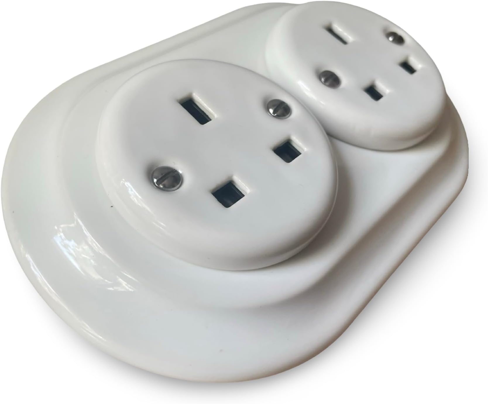 Ceramic Double UK Power Socket, Surface-Mounted, White Porcelain, Retro Art Deco Style