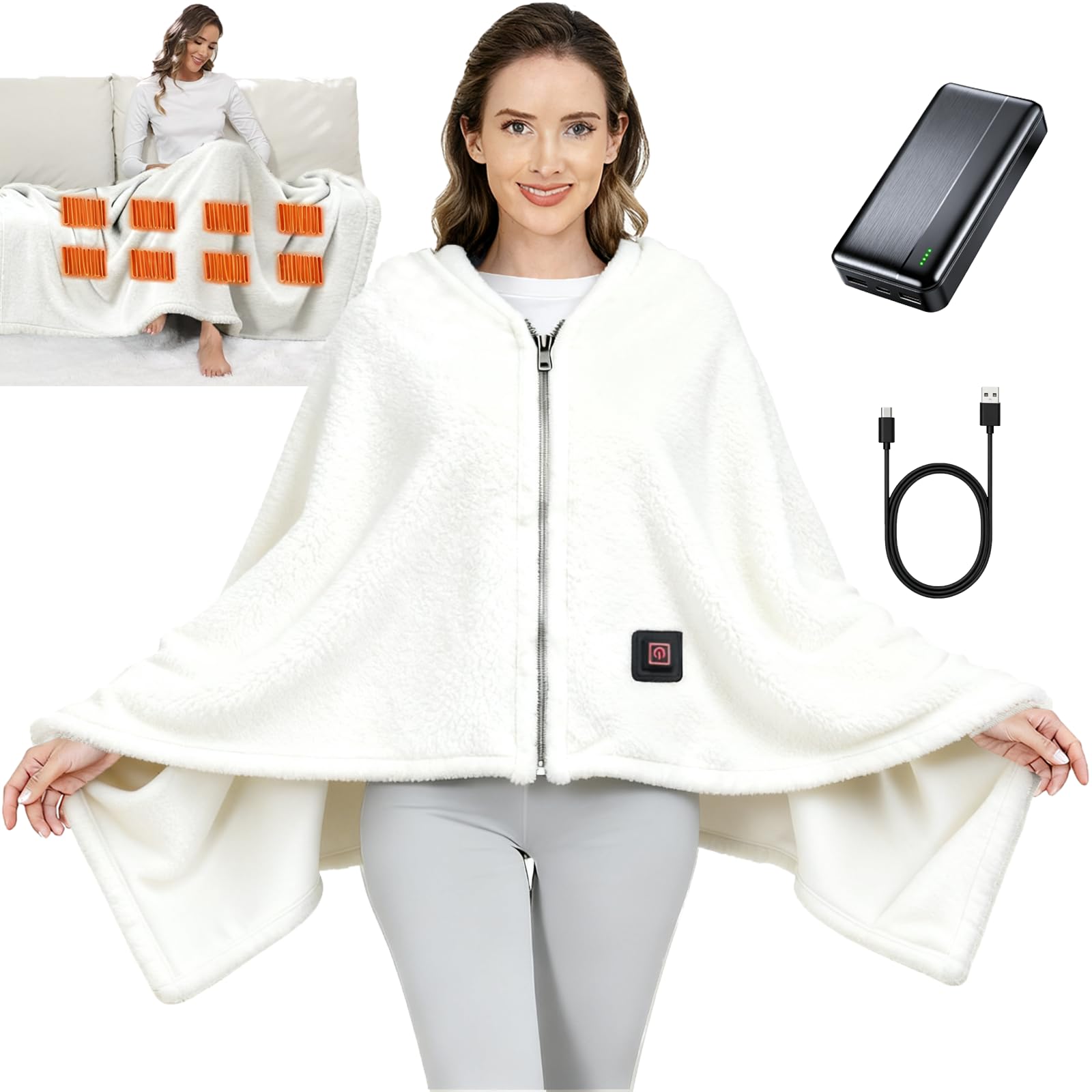 Ahigh Manta eléctrica con batería inalámbrica, manta térmica eléctrica con 3 niveles de temperatura y protección contra sobrecalentamiento, 150 x 80 cm, franela de doble cara, doble grosor, ideal para