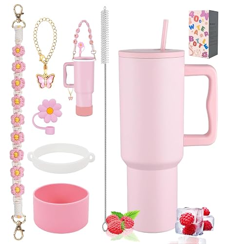 Sanilinwild 40 oz Tumbler with Handle and Straw & 6PCS Cup Accessories-BPA-Free Travel Mug Water Bottle-Easy to Carry-Travel Coffee Mug - Dishwasher Safe-Holiday Gifts for Women Men (Pink Dusk) - Pink Dusk