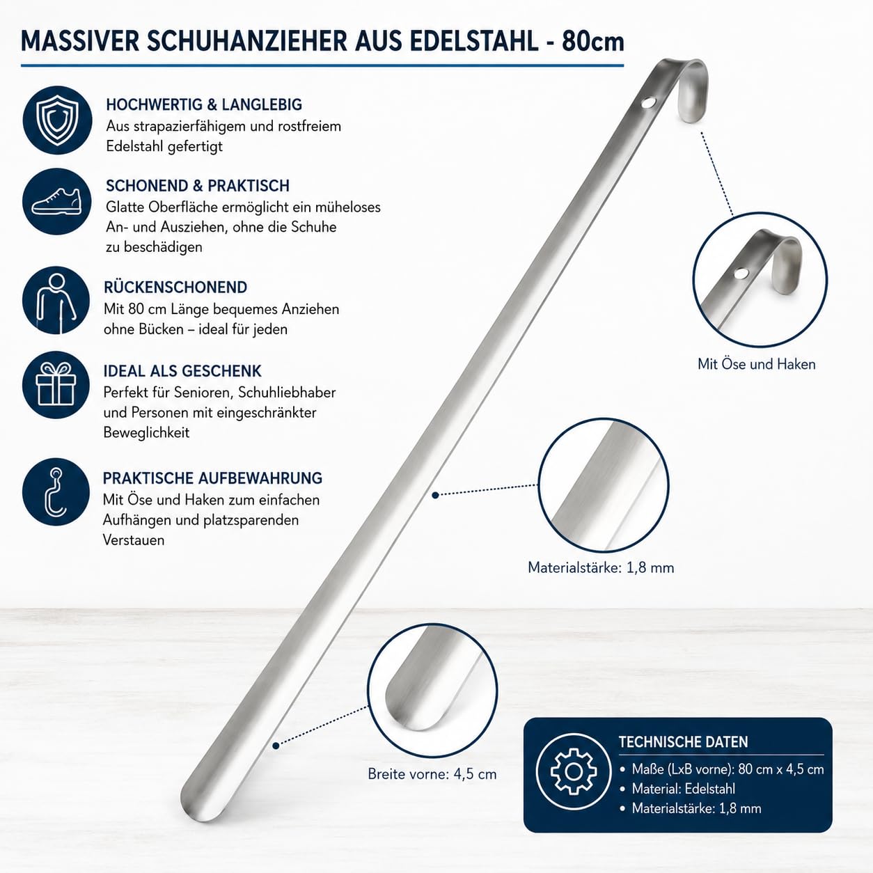 Bayli 3 x 80cm Schuhlöffel aus Edelstahl | Schuhanzieher Extra Lang | Schuhanziehhilfe aus Metall | Stabile Ausführung | Metallschuhlöffel mit Lochung zum Aufhängen