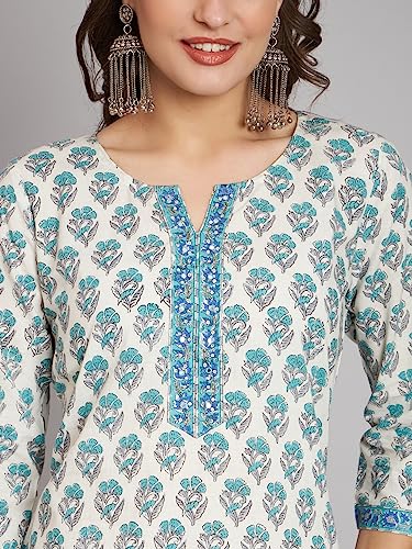 Image of Rapsodia Women Cotton White Ethnic Buti Printed Short Kurti, White Blue Kurti for Women, Short Kurta for Women, Tunic Kurti for Women Stylish, Tunic Kurti Tops for Women Stylish
