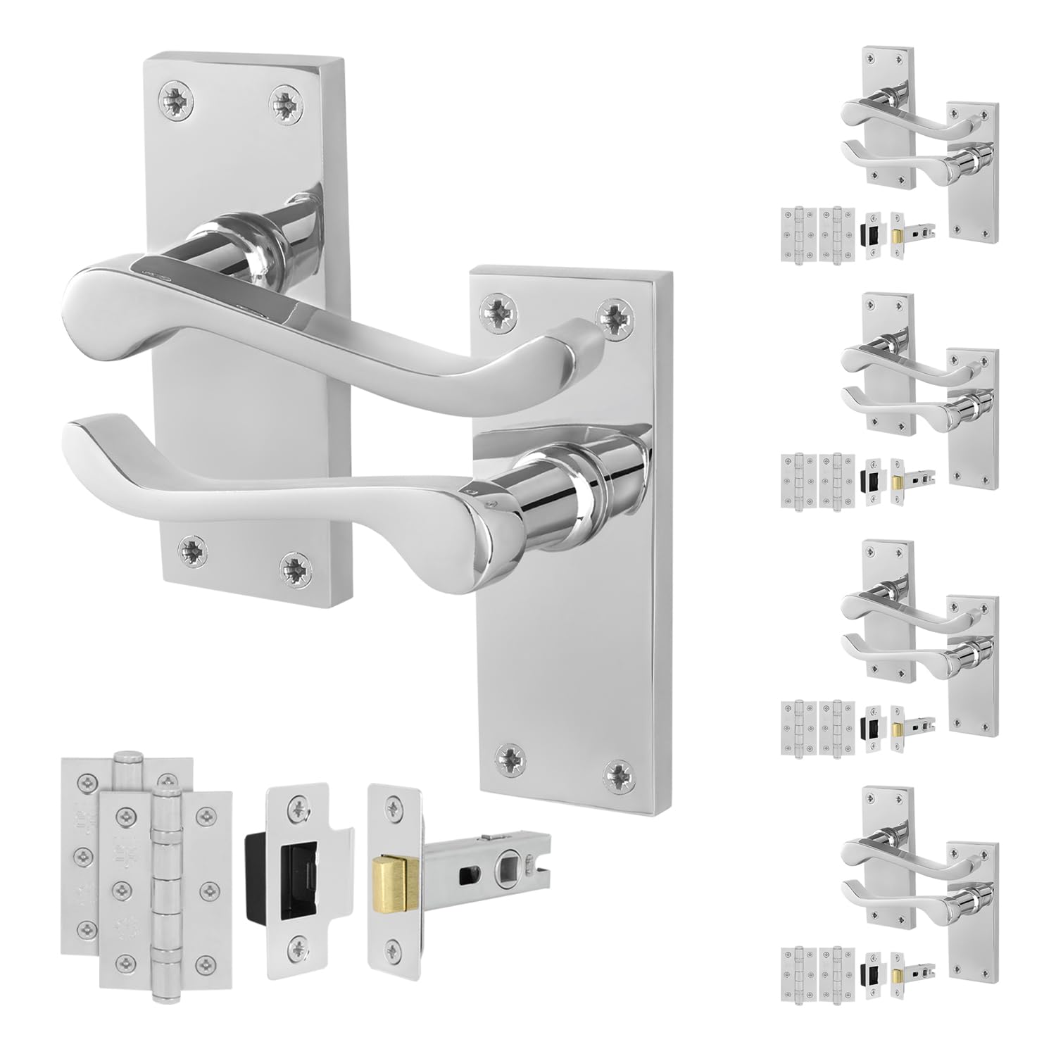EAI Chrome Victorian Scroll Latch Handle Set, 5 Pairs Polished Chrome Internal Lever Latch Handles on Backplate, Latch 64mm, Hinges