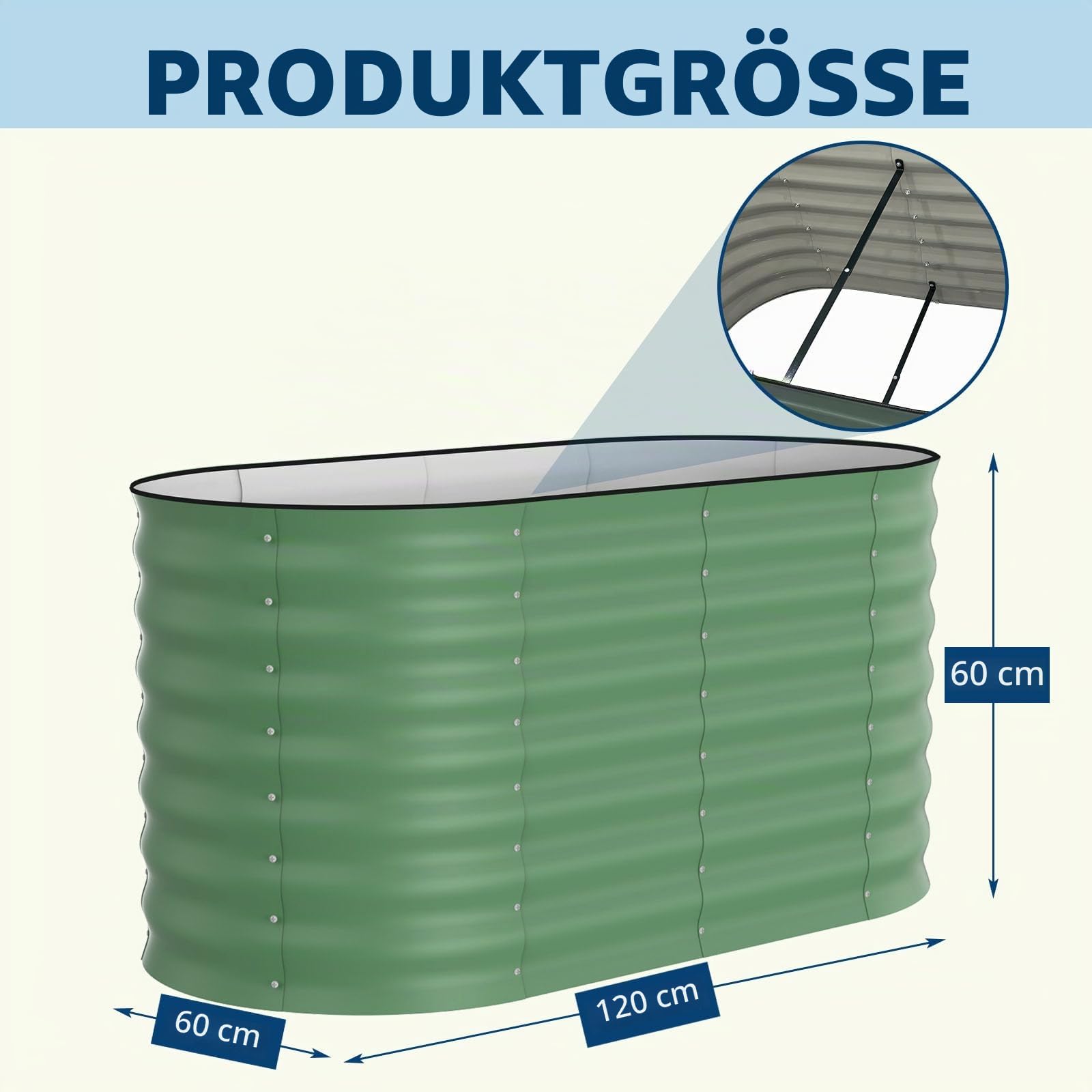 Acekool 2PCS Hochbeet Metall 120x60x60CM—oval, Hochbeete für Garten und Gemüsegarten, mit Schnittschutzleiste, Gemüse & Pflanzen, Ideal für Gemüse, Kräuter & Blumen, Grün