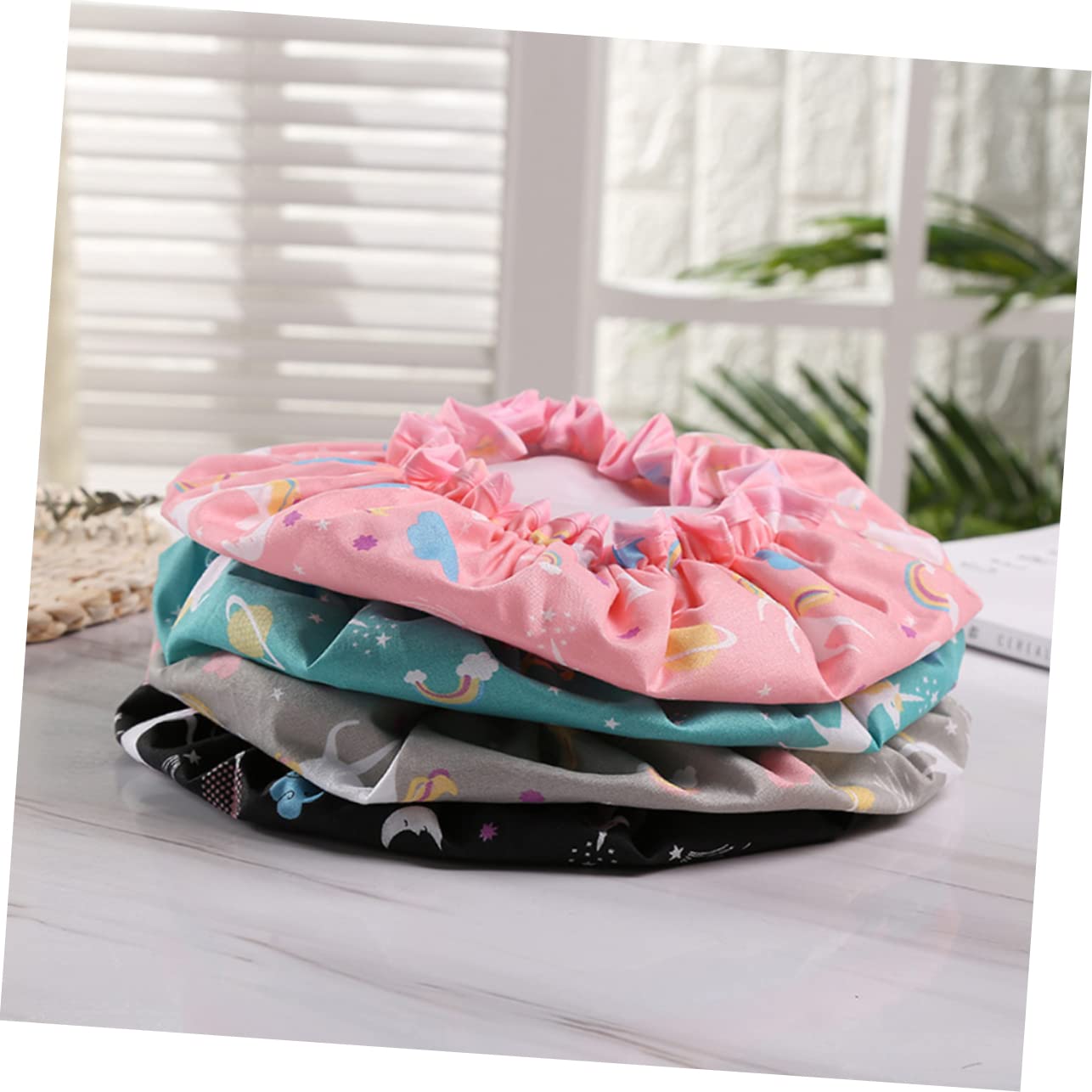 Healvian 9piezas Gorro De De Doble Capa Pack De Sombreros De Baño Diseño De Unicornio Azul Lago Negro Protección Para Cabello y Spa