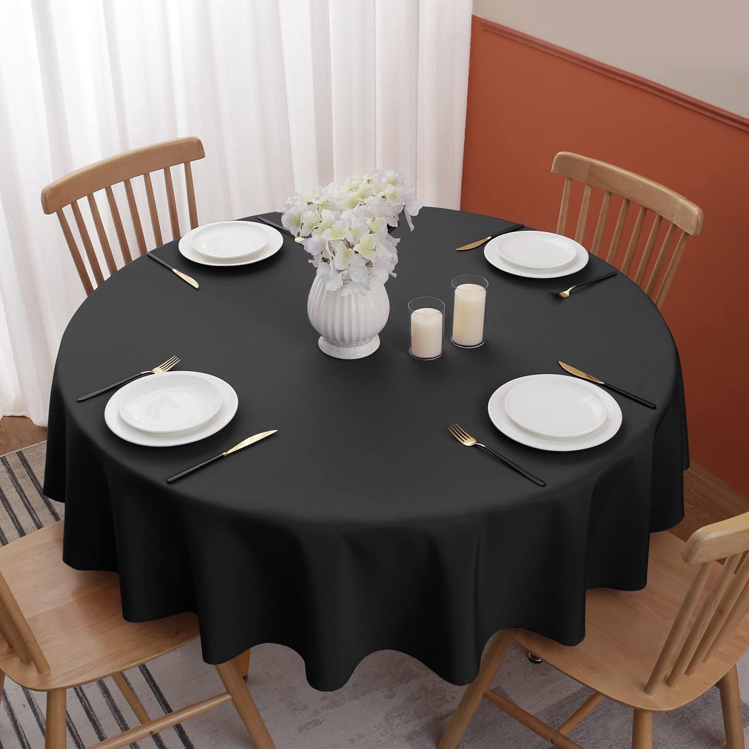 Softalker Round Tablecloth Waterproof & Stain Resistant Table Cloth Wrinkle Free Fabric Washable 210GSM Polyester Table Cover for Dining/Party/Holiday (60 inch, Black) Black 60 inch Tablecloth