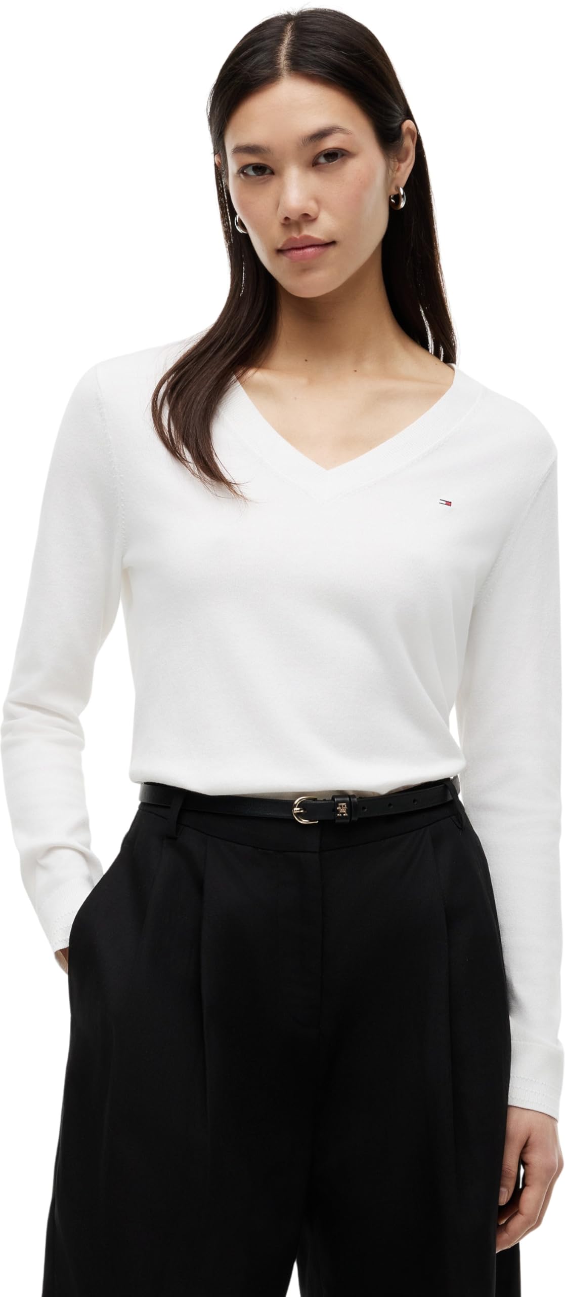 Tommy Hilfiger Women’s Cotton Jersey Stitch V-Neck Jumper, White (Ecru), XL