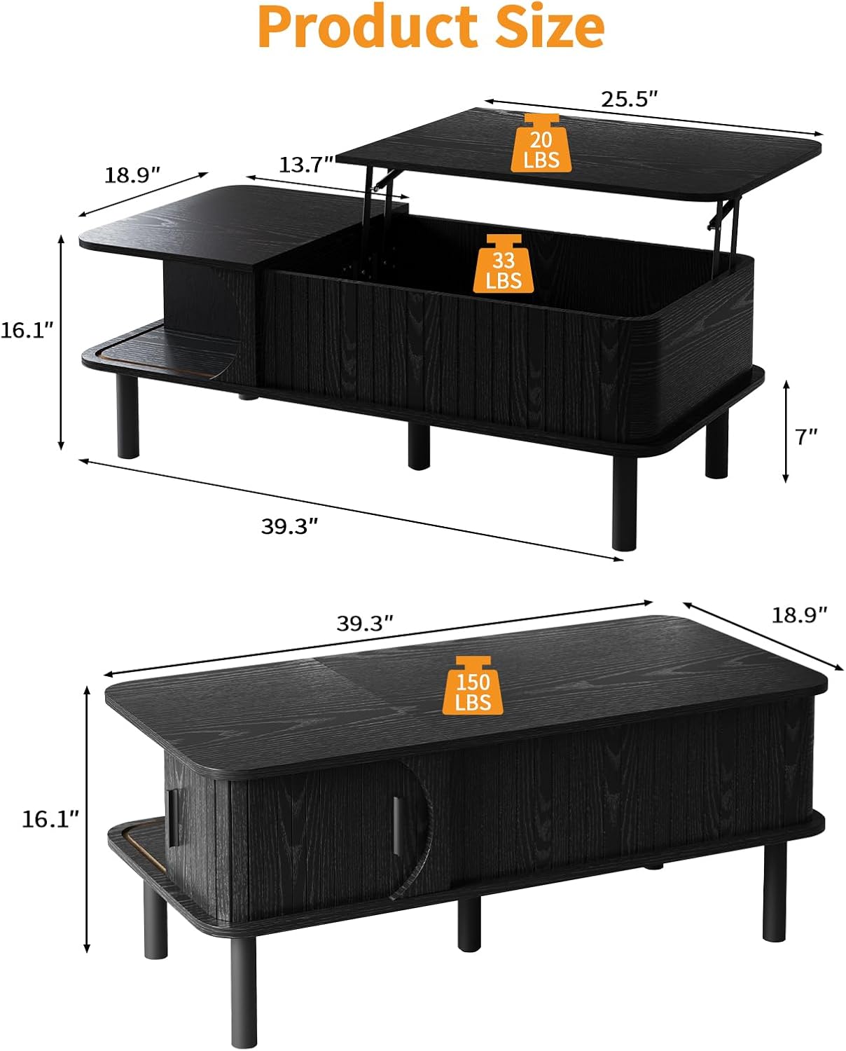 2-in-1 Lift Top Coffee Table with Sliding Door & Hidden Storage, Mid-Century Modern Oval Center Table, Safe Round Corner Design for Small Living Room and Apartment (Black)