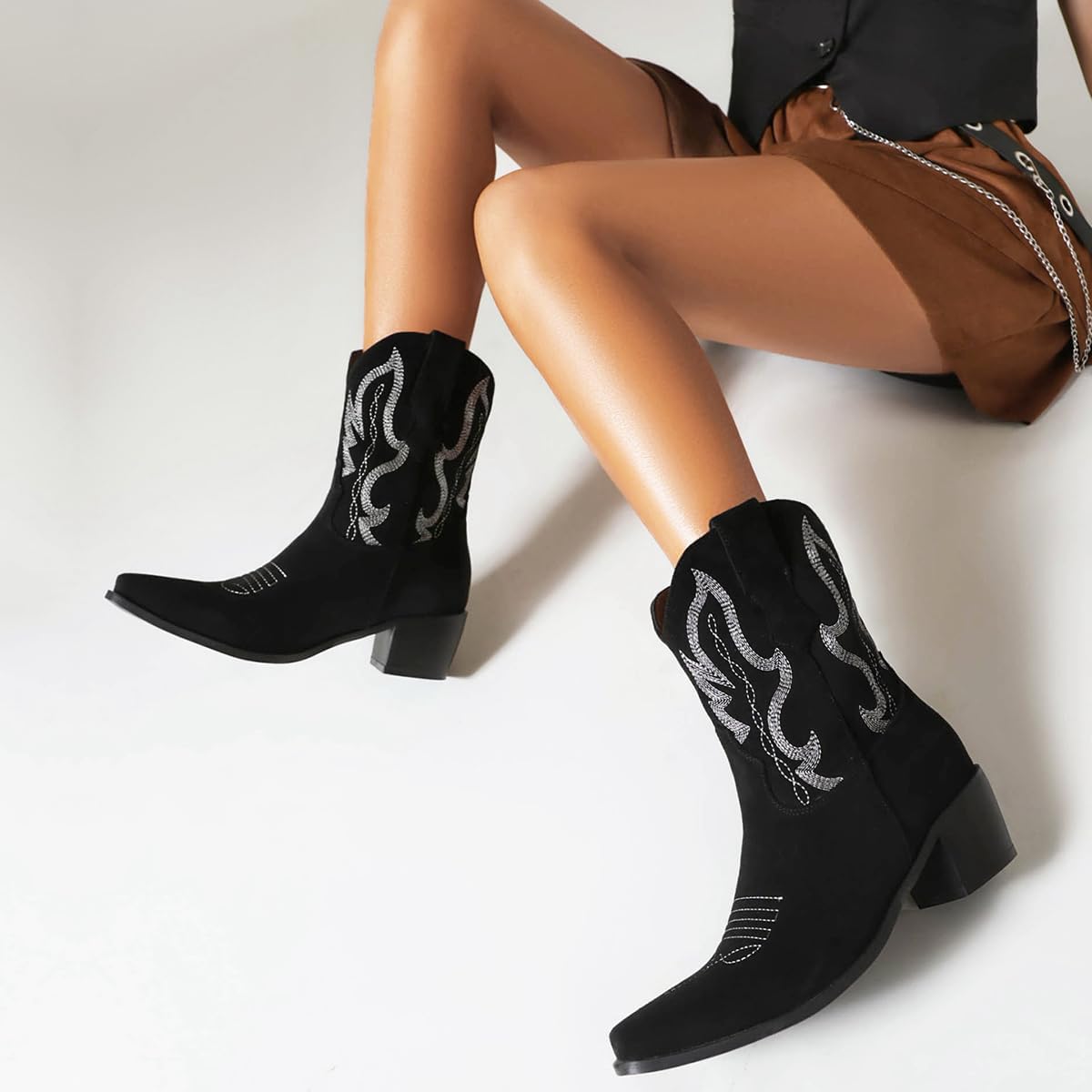 LEHOOR Cowboy Booties for Women Embroidered Western Ankle Booties Low Chunky Stacked Heel Square Toe Pull On Short Cowgirl Boot V Cut Suede Snip Toe Dressy Vintage Fall Booties Winter Retro 4-15 M US