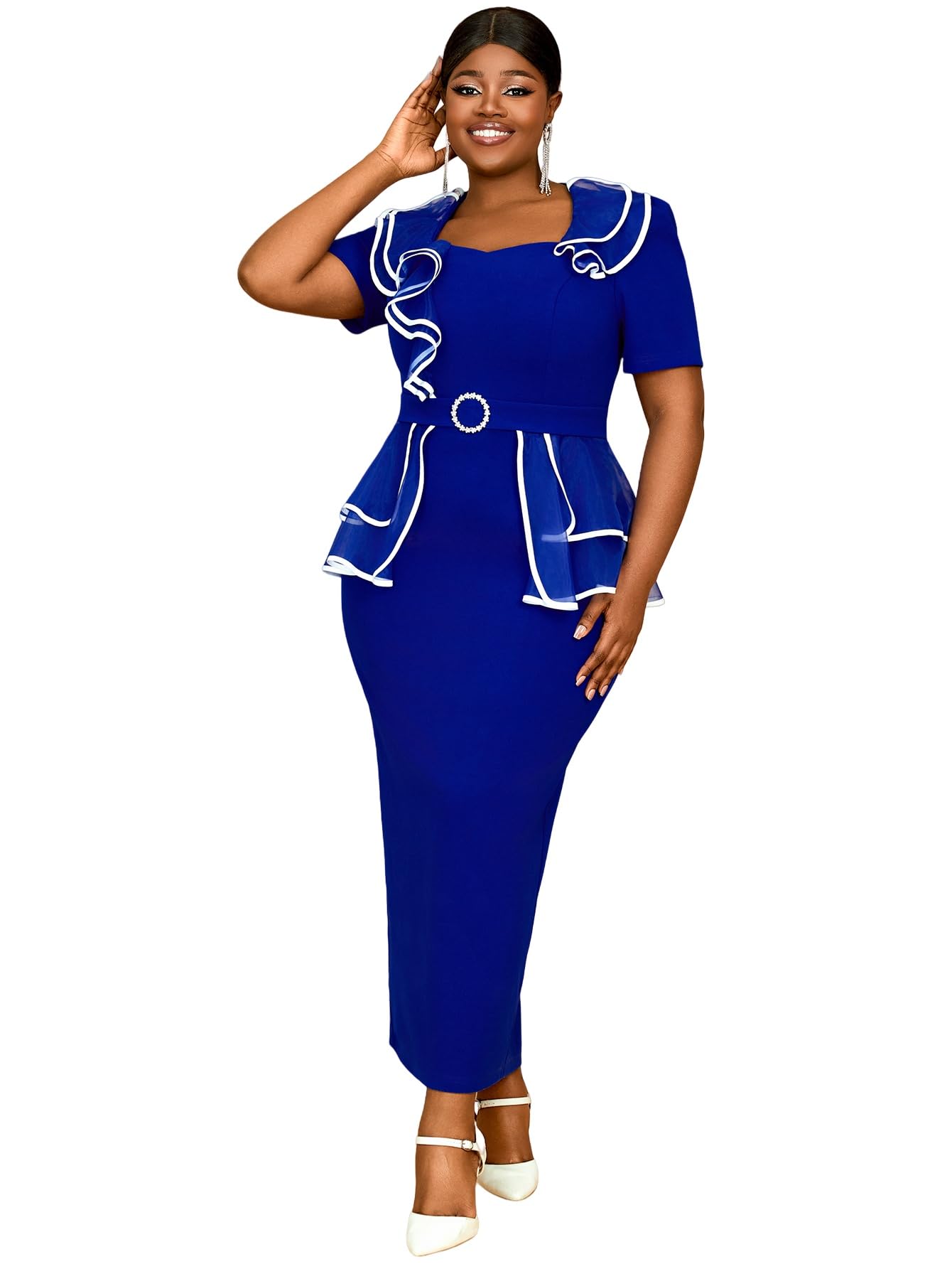 AOMEI Womens Color Block Irregular Ruffled Short Sleeve Pencil Bodycon Maxi Dress