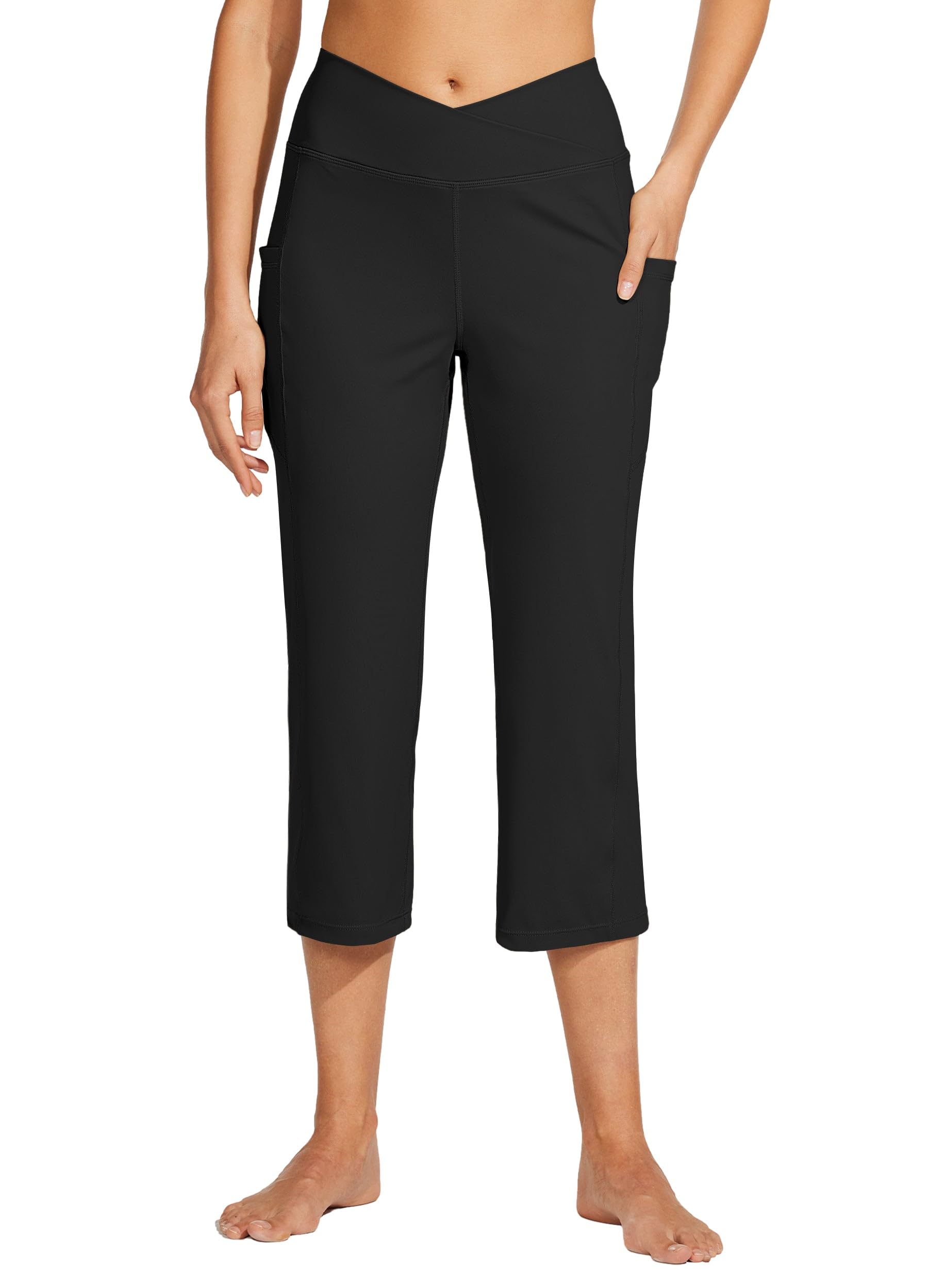 WILLIT Pantalones capri de yoga para mujer, pierna recta, elásticos, pantalones de trabajo cruzados, elegantes, cintura alta, con bolsillos, yoga, entrenamiento casual