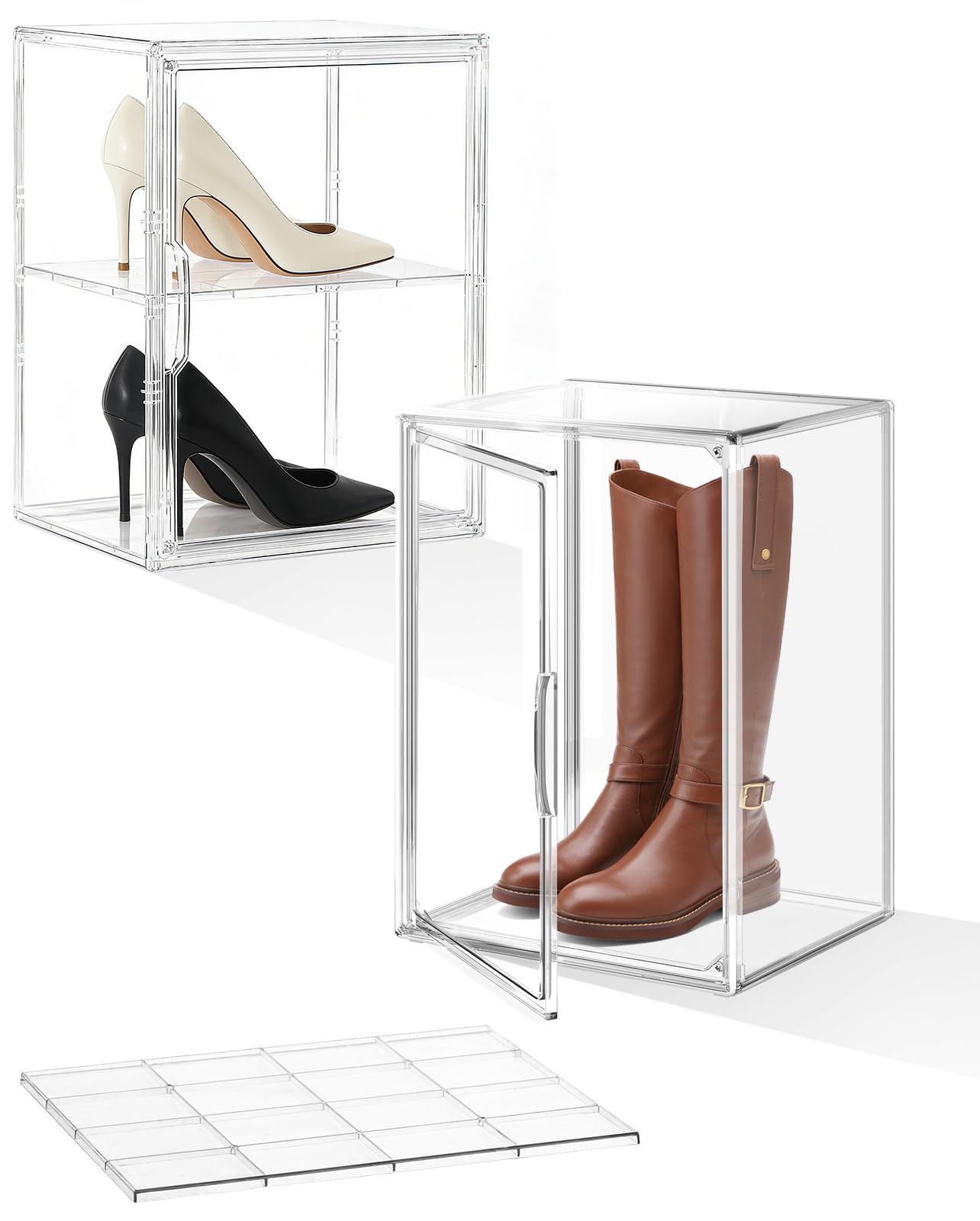 XXX-Large Clear Stackable Acrylic Display with Lid &amp; Magnetic Door - 2-Tier Adjustable Shoe Box Case 11.8'' X 9.8'' X 15.7''Organizer for Boot, Sneakers, Collectibles, Figures, Purses | 2-Pack