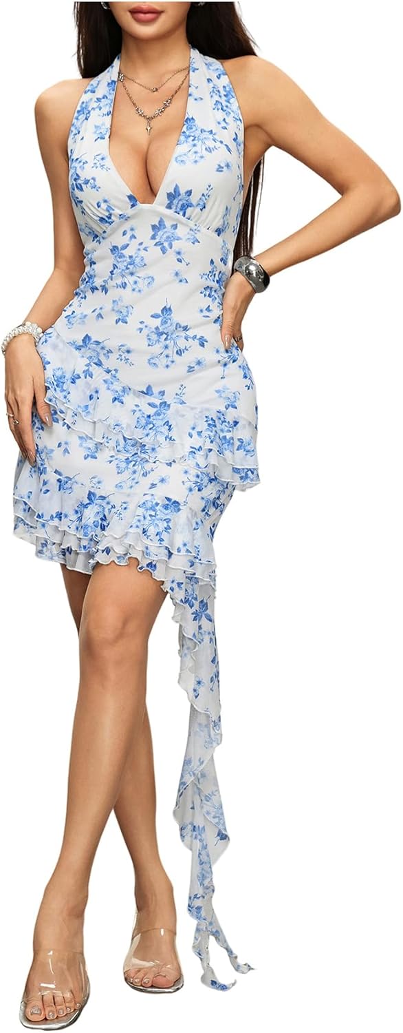 Verdusa Women's Summer Dress Y2k Halter Mini Dress Mesh Backless Dress Floral Ruffle Dress Wedding Guest Dress - Image 4