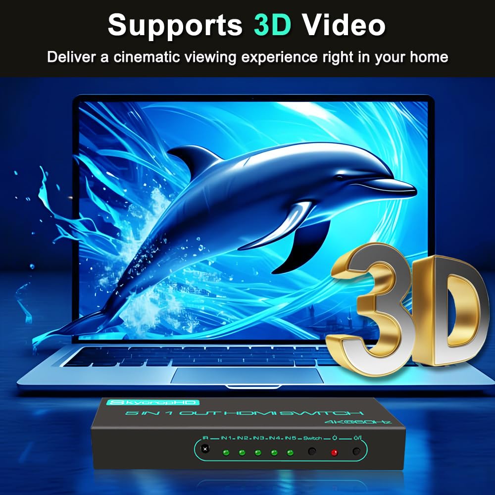 SkycropHD 4K60Hz Conmutador HDMI de 5 Puertos HDMI 2.0 con Control Remoto, conmutador automático, HDR10, Dolby Vision, Dolby Atmos, 18Gbps, CEC