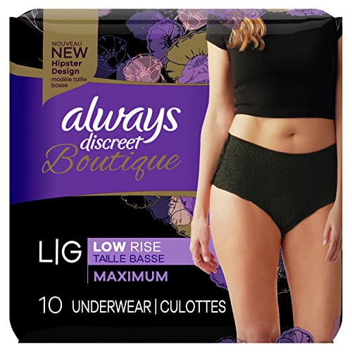 Always Discreet Boutique Low-Rise Postpartum Incontinence Underwear Size L Maximum Absorbency, Up to 100% Leak Protection, Black, 10 Count