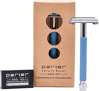 Parker 29L Blue, Long Handle Butterfly Open Double Edge Safety Razor for Men & Women, 5 Parker Premium Platinum Double Edge Razor Blades Included
