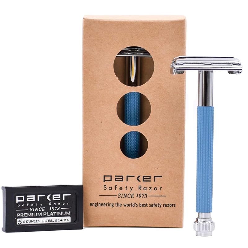 Parker Safety Razor 29L Aparelho de Barbear de Segurança com Cabo Longo, Borboleta, Azul