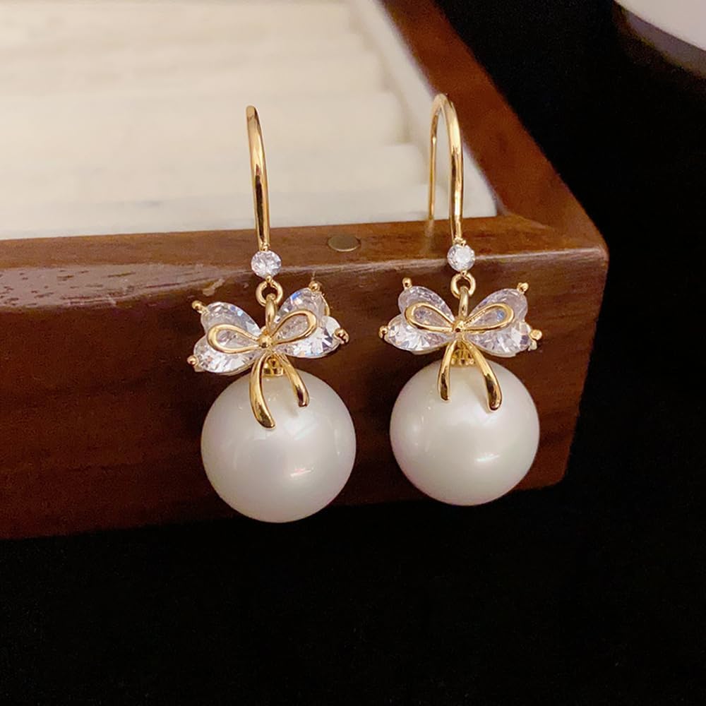 MIKAMU 14K Gold Ribbon Bow Earrings for Women CZ cubic zirconia Gold Plated Pearl Ear hook for Women Jewelry - Image 5