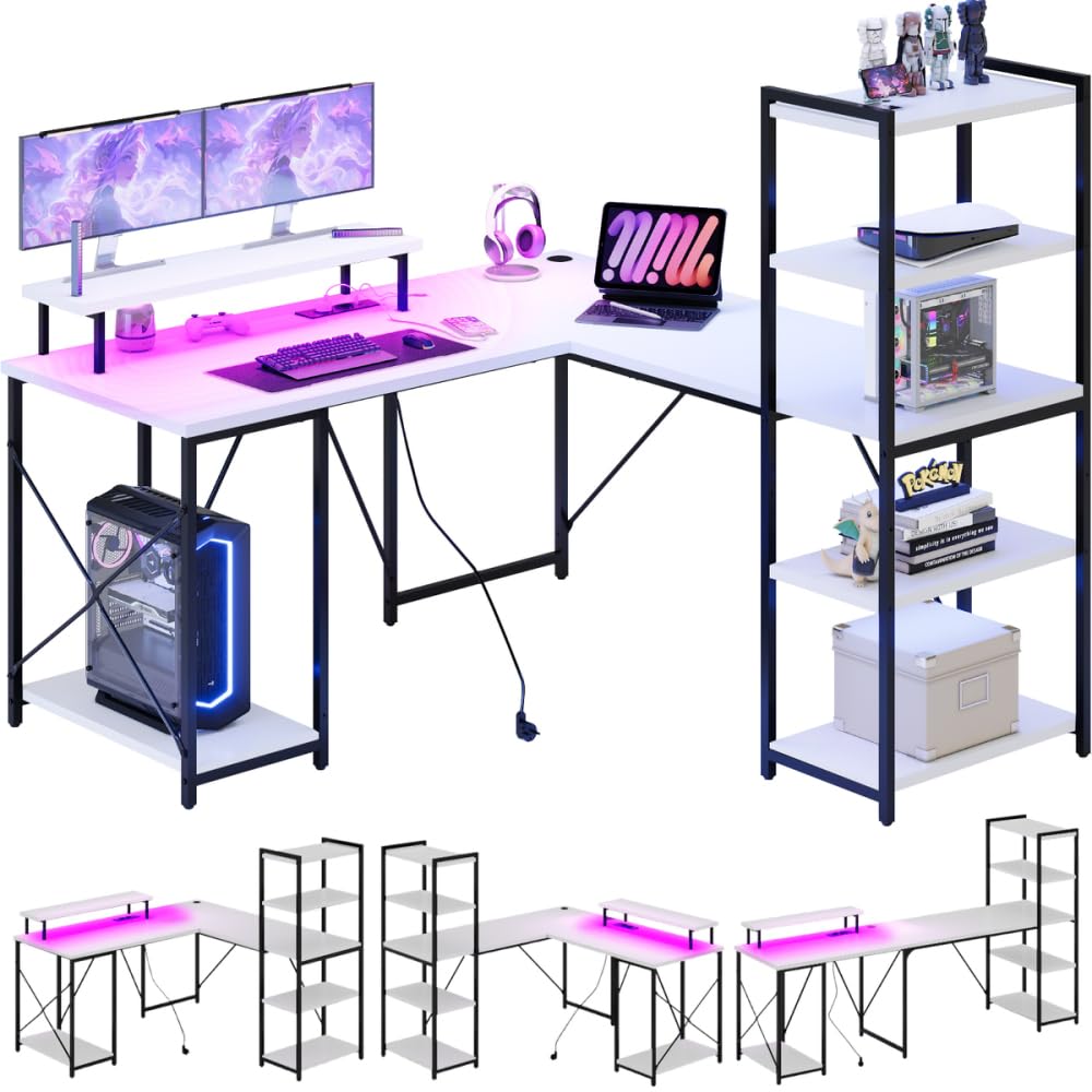 Devoko Mesa Gaming con Estantería 140 x 140 cm, Escritorio en Forma de L con USB y Toma de Corriente, Escritorio Esquinero con Soporte para Monitor, Blanco