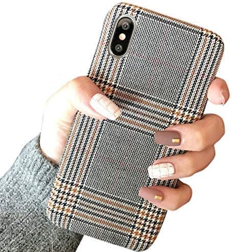 for iPhone Xs Max 6.5" NAMA Soft Cloth Grid Fabric Pattern Stripes Vintage Plaid Retro Grey Gray Cover Case
