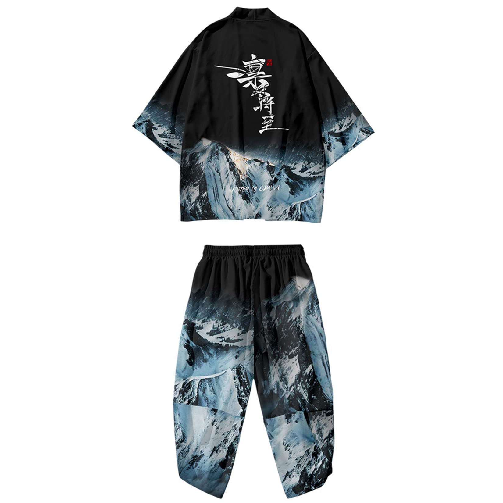DOSLAVIDA Men's Japanese Kimono Cardigan Suit Chinese Style Printed Jacket Pants Set Open Front Seven Sleeve Top &amp; Shorts