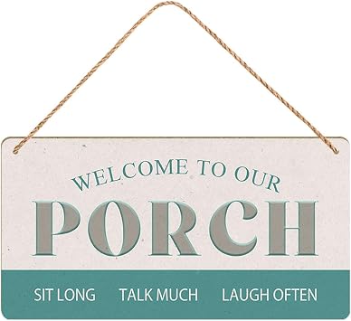 Welcome to Our Porch Sit Long Talk Much Laugh Often Wood Sign Print Decor Home Garden Farmhouse Porch Patio Yard Wall Art 5X10 Inch Wooden Hanging Plaque Indoor Outdoor Decorations