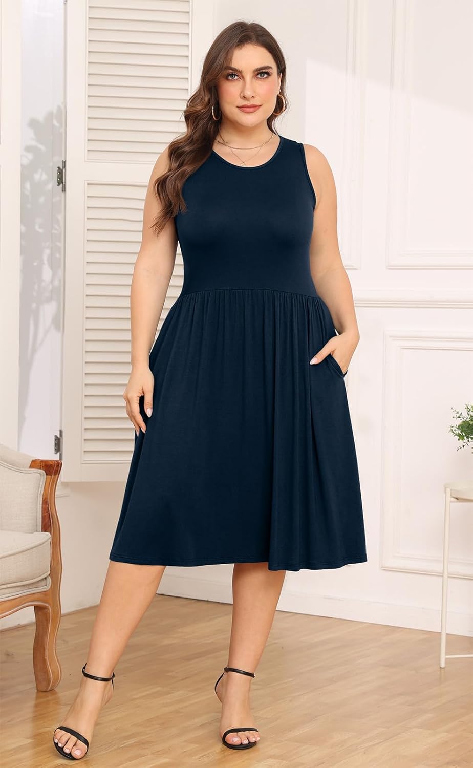 POSESHE Womens Plus Size Dress 2024 Summer Round Neck Sleeveless Casual Empire Waist Loose Fit Swing Tank Dress with Pockets - Image 5
