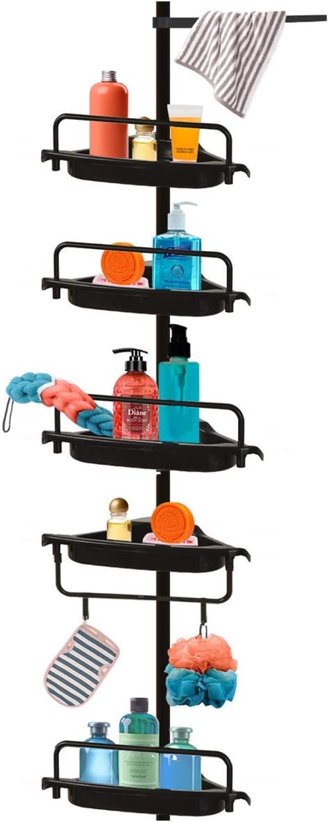 Vailge Constant Tension Corner Shower Caddy, Stainless Steel Pole, 5-Shelf, Rustproof, Strong and Sturdy, Black