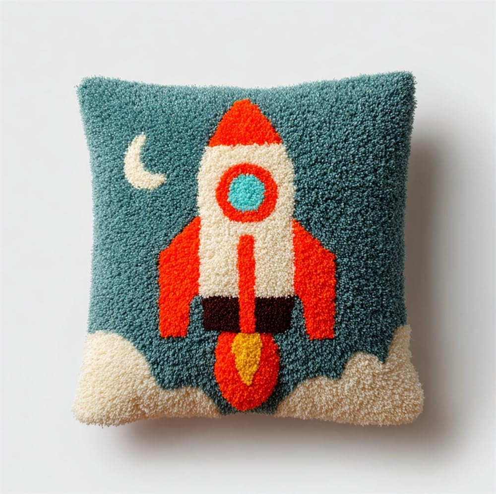 kitphoenix Latch Hook Cushion Kits for Adults Cartoon Rocket