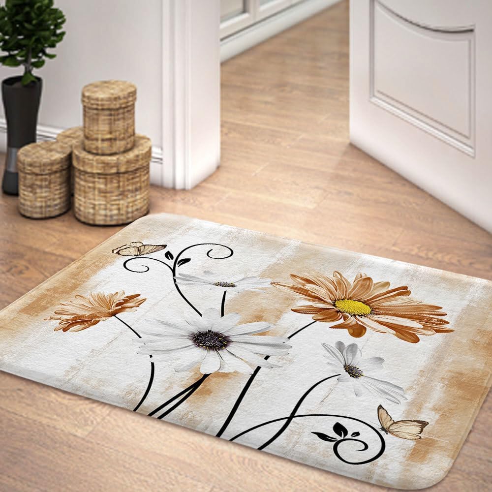 JAWO Rustic Farmhouse Bathroom Rugs, Brown Floral Bath Mats Farm Style Daisy Butterfly on Country Wooden Bath Rugs Cute Door Mat for Shower Tub Hallway, 17"x29" Brown image 2