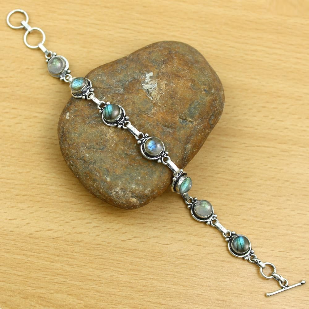 Round Shape Natural & Synthetic Gemstones Silver Plated Bracelets for Women - Vintage Bohemian Style Handmade Birthstone Adjustable Link Bracelet Jewelry Gifts for Wedding Anniversary Mother's Day - Image 5