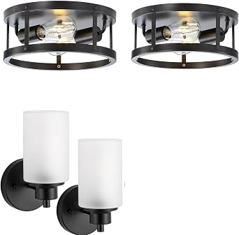 11 Inch Industrial Black Metal Close to Ceiling Light and 2-Pack Indoor Black Bath Vanity Light Fixtures