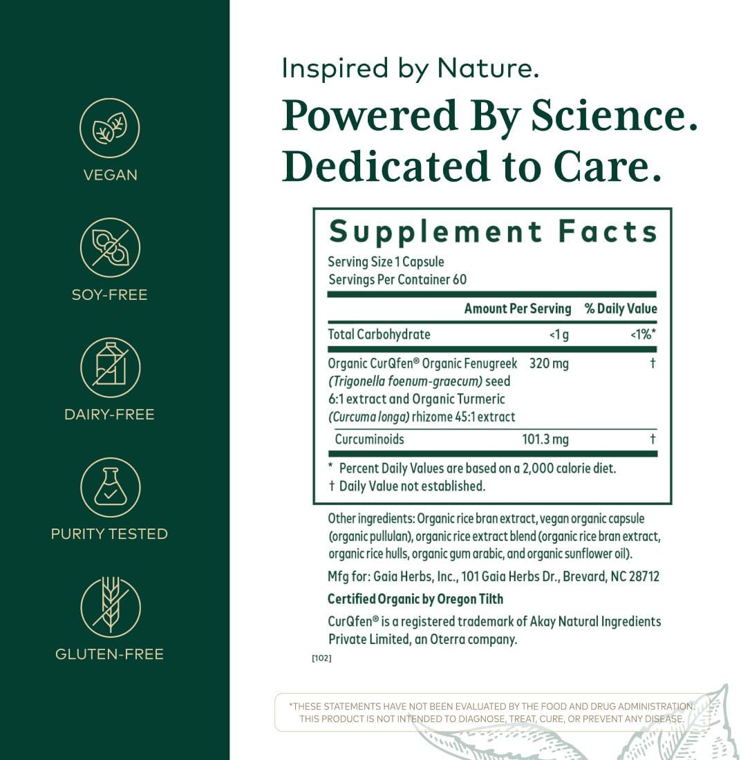 GAIA HERBS PRO Turmeric Fenugreek Complex - Daily Dietary Supplements for Active Lifestyle Support* - Herbal Nutrient Complex with Fenugreek Extract & Organic Turmeric - Vegan - 60 Capsules