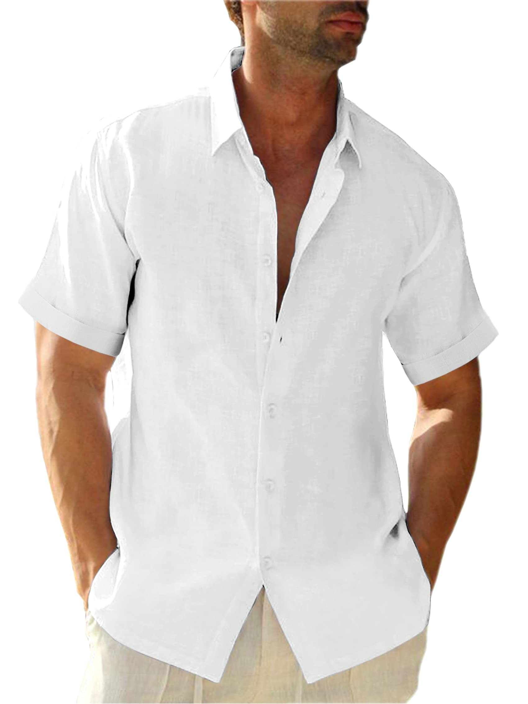 Runcati Camisa de lino para hombre, camisa de verano de manga corta, camisa casual, camisa de verano, camisa de playa, camisas de negocios para hombre