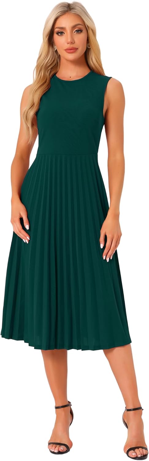 Allegra K Women's Sleeveless Pleated Dress Ruffle Hem Crew Neck Tank Knitted Elegant Midi Dresses