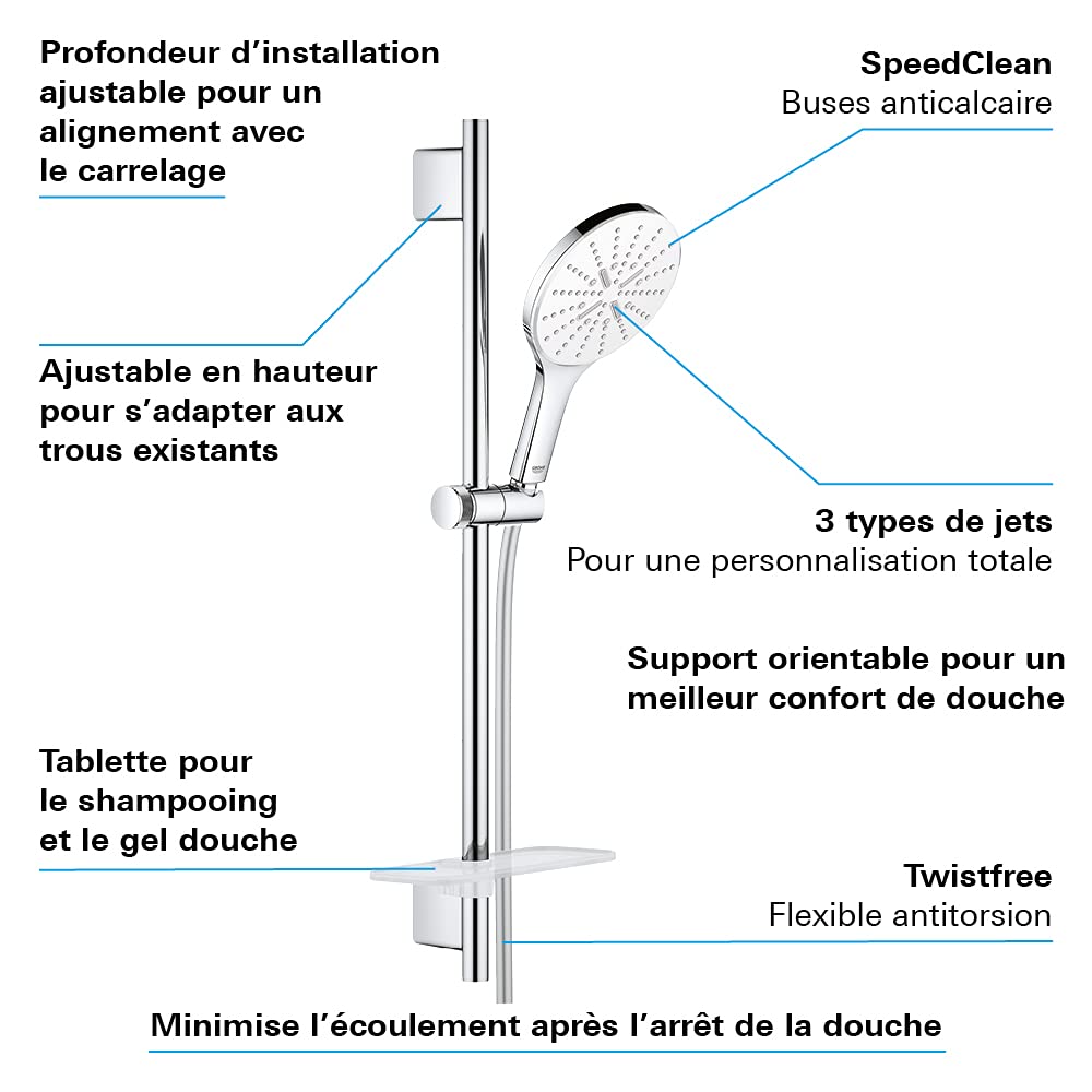 GROHE Ensemble de douche Vitalio SmartActive 150, pommeau de douche VitalioSmartActive 3 jets, barre de 600mm, flexible tuyau de douche VitalioFlex Trend 1750mm, chromé, 26598000 (Import Allemagne)