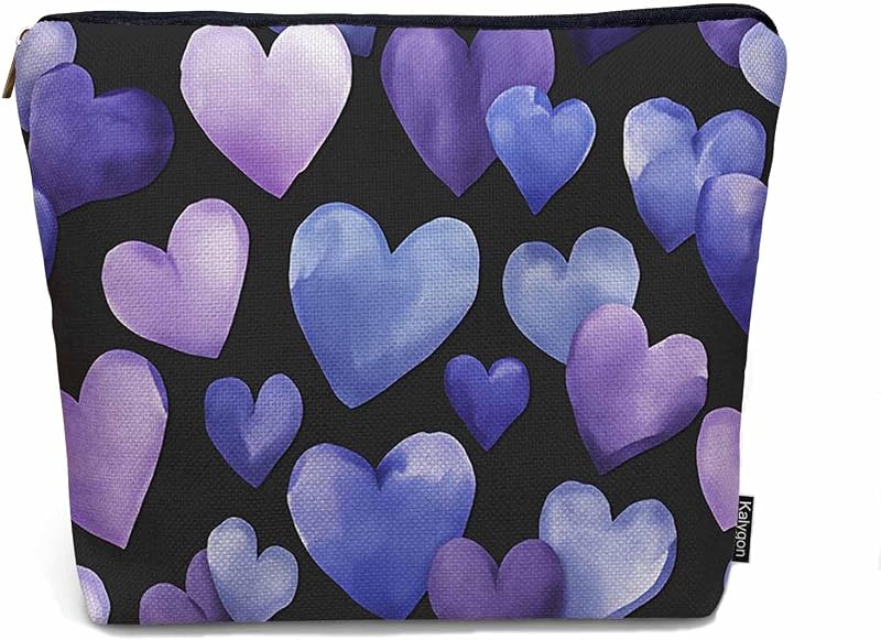 Necessaire organizadora Kalygon com estampa de corações em aquarela, azul e roxo